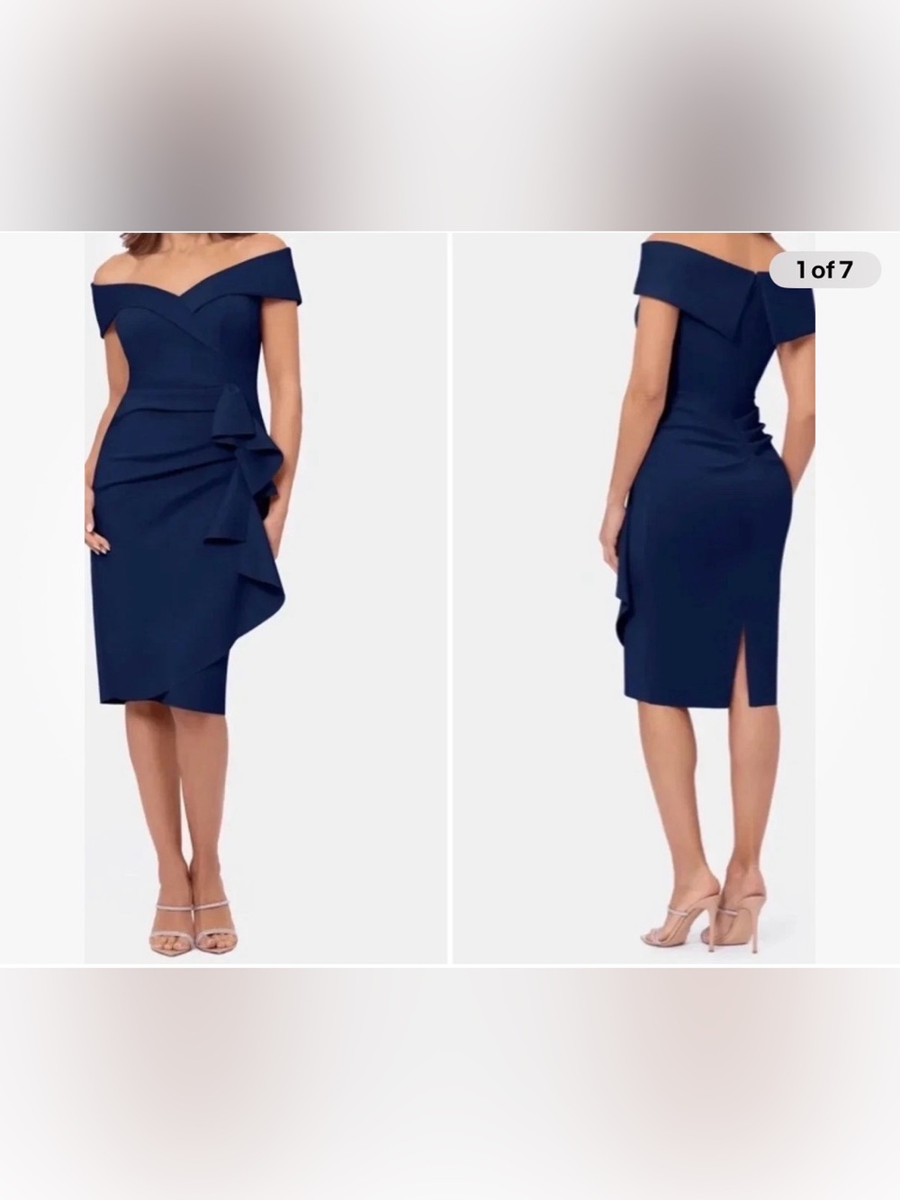 Xscape Evening Cascade Ruffle Off Shoulder Scuba Crepe Cocktail Midi Dress 12